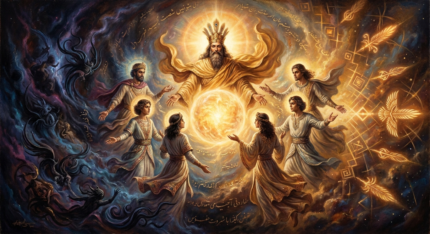 Ahura Mazda surrounded by the Amesha Spentas: the cosmos revealed as a battle between Truth (Asha) and the Lie (Druj).