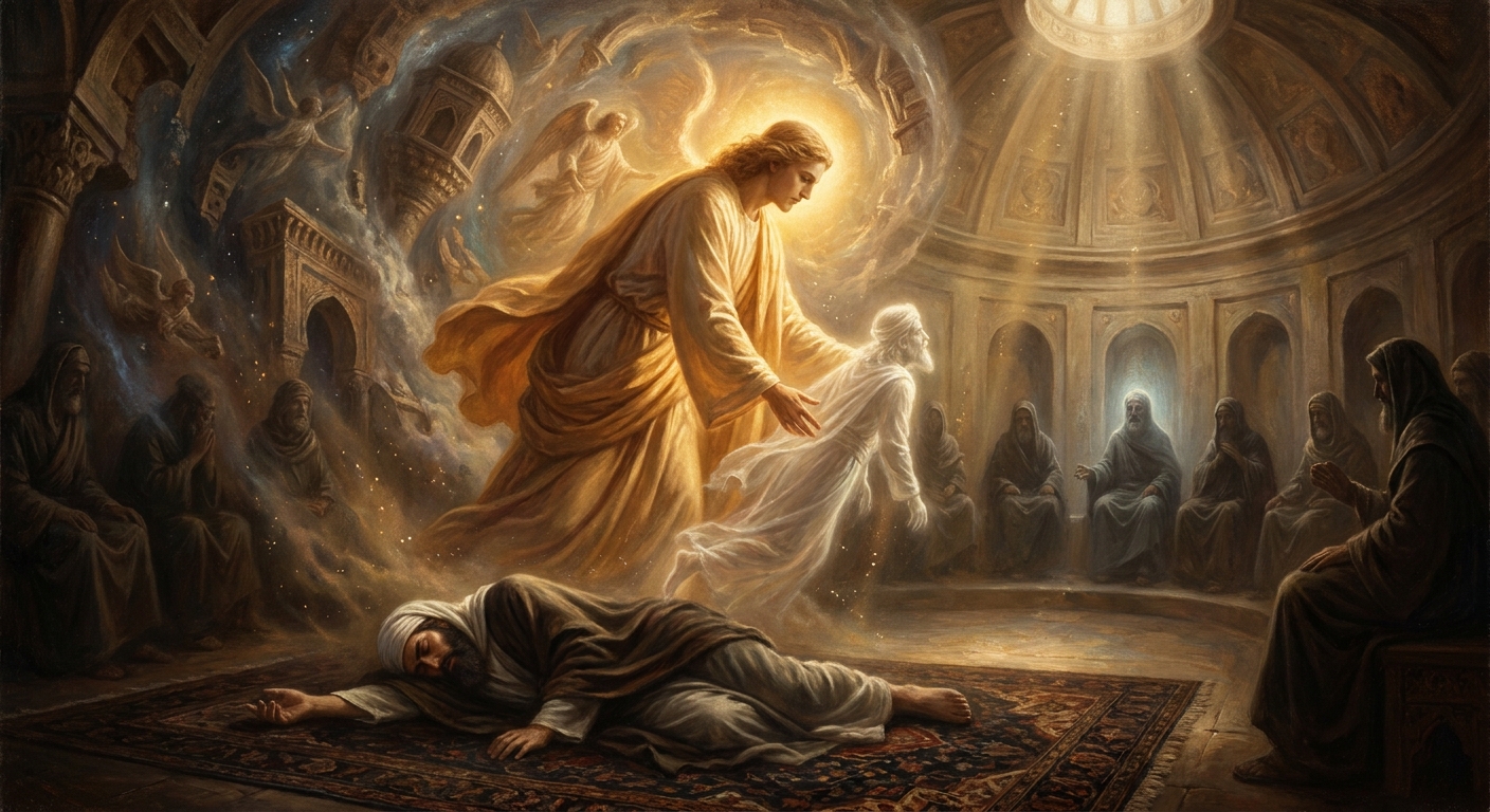 Vohu Manah — *Good Thought*, nine times the height of a man — leads him out of his body and into the council of the Wise Lord.